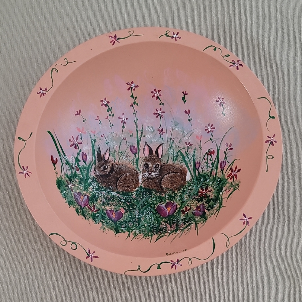Vintage Hand-Painted Wood Bowl with Bunnies and Flowers